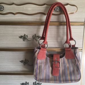 PRADA STRIPED FABRIC AND LEATHER HANDBAG
